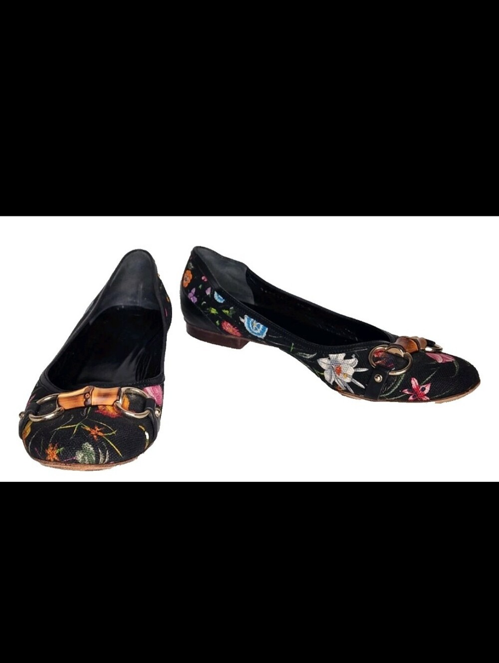 Gucci Floral Flats Horse-bit Leather Fabric Black Shoes Bamboo Detail Italy9.5 B - Picture 7 of 15